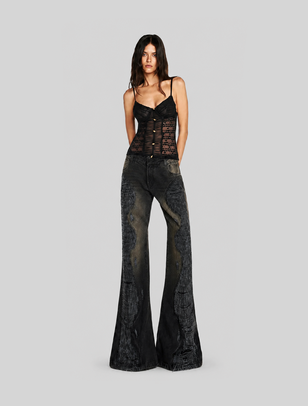 CALÇA JEANS FLARE BLACK RASGOS FRONTAIS