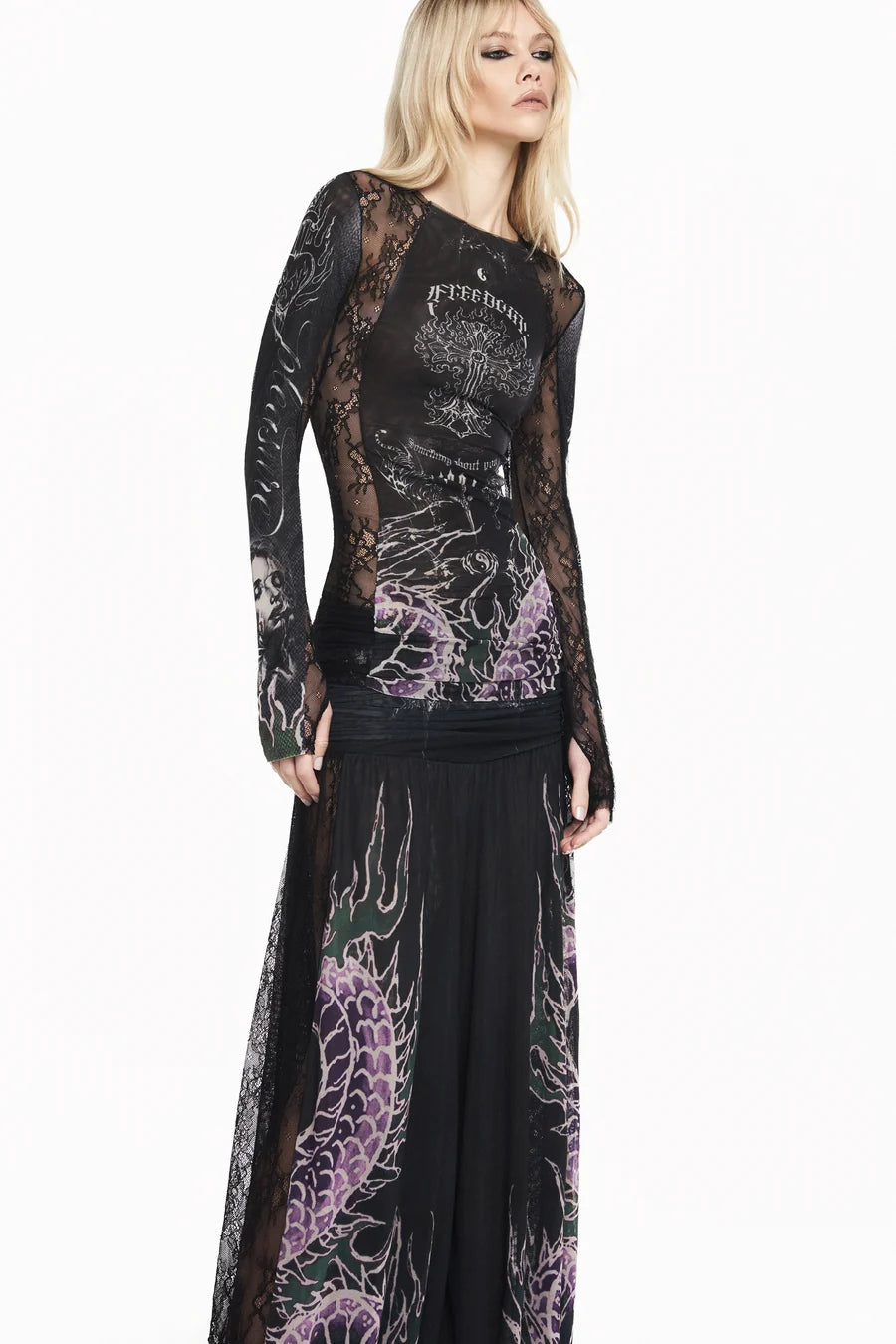BLUSA MANGA LONGA TULE E RENDA TATTO DRAGAO