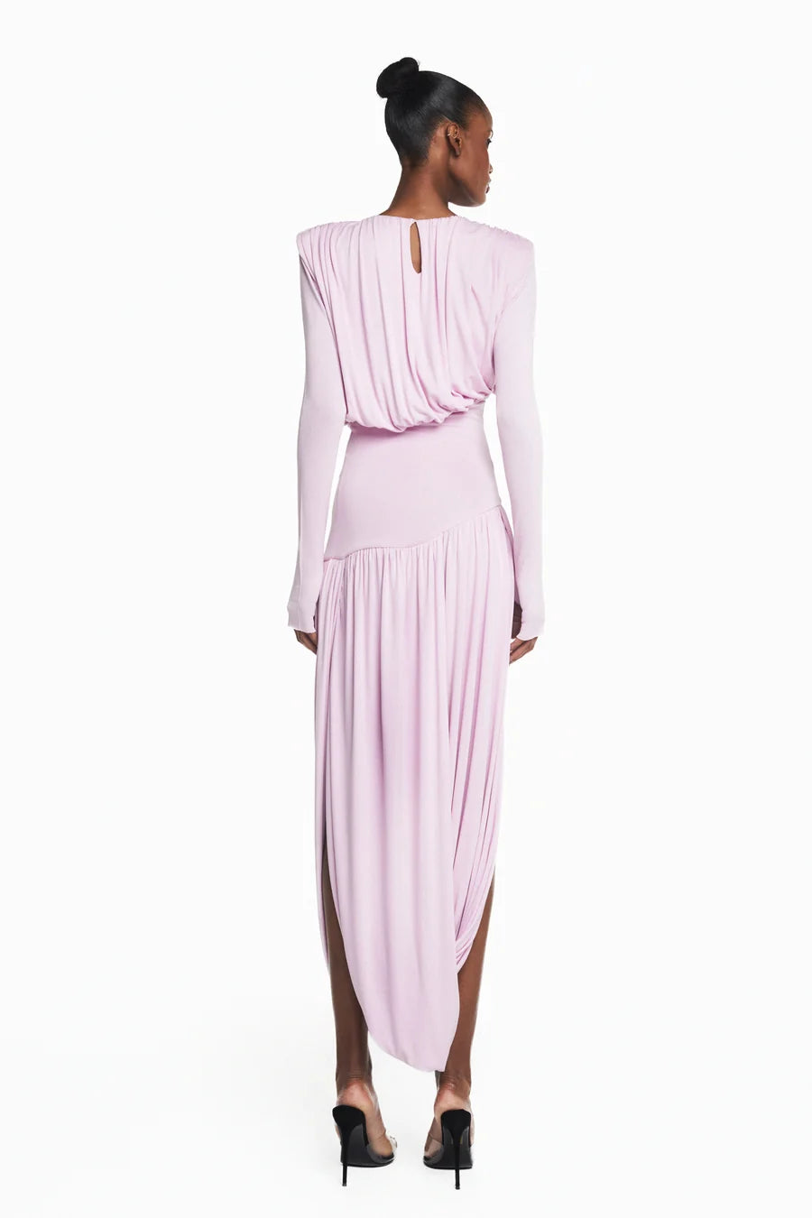 VESTIDO LONGO MANGA LONGA SAIA TORCIDA DRAPEADO MALHA LILAS