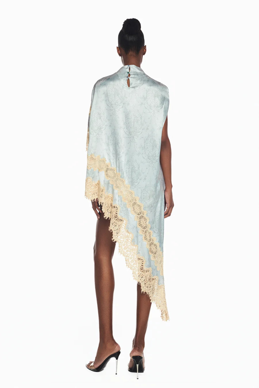 BLUSA KAFTAN ASSIMETRICA CETIM LACO AZUL RENDA BEGE