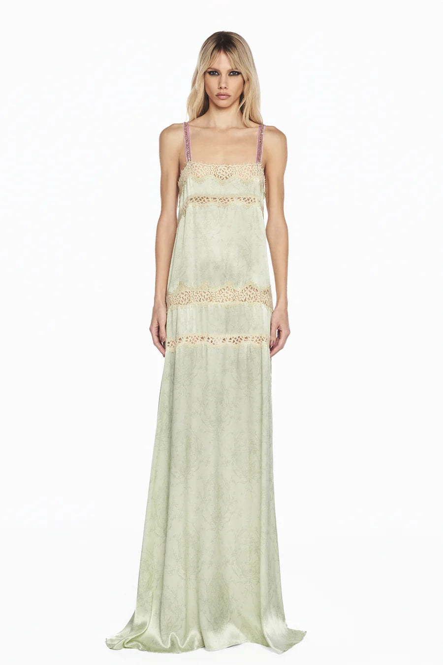 VESTIDO LONGO CETIM LACO VERDE RENDA BEGE