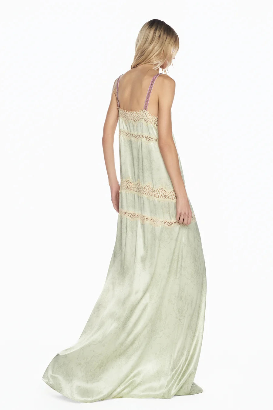 VESTIDO LONGO CETIM LACO VERDE RENDA BEGE